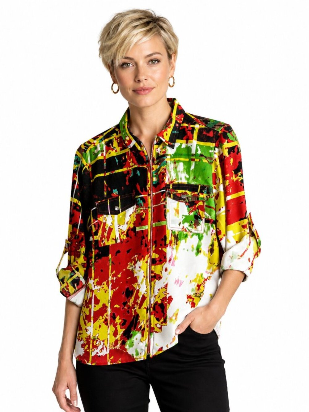 Tracy M. Multicolor Neon Print Zip Jacket